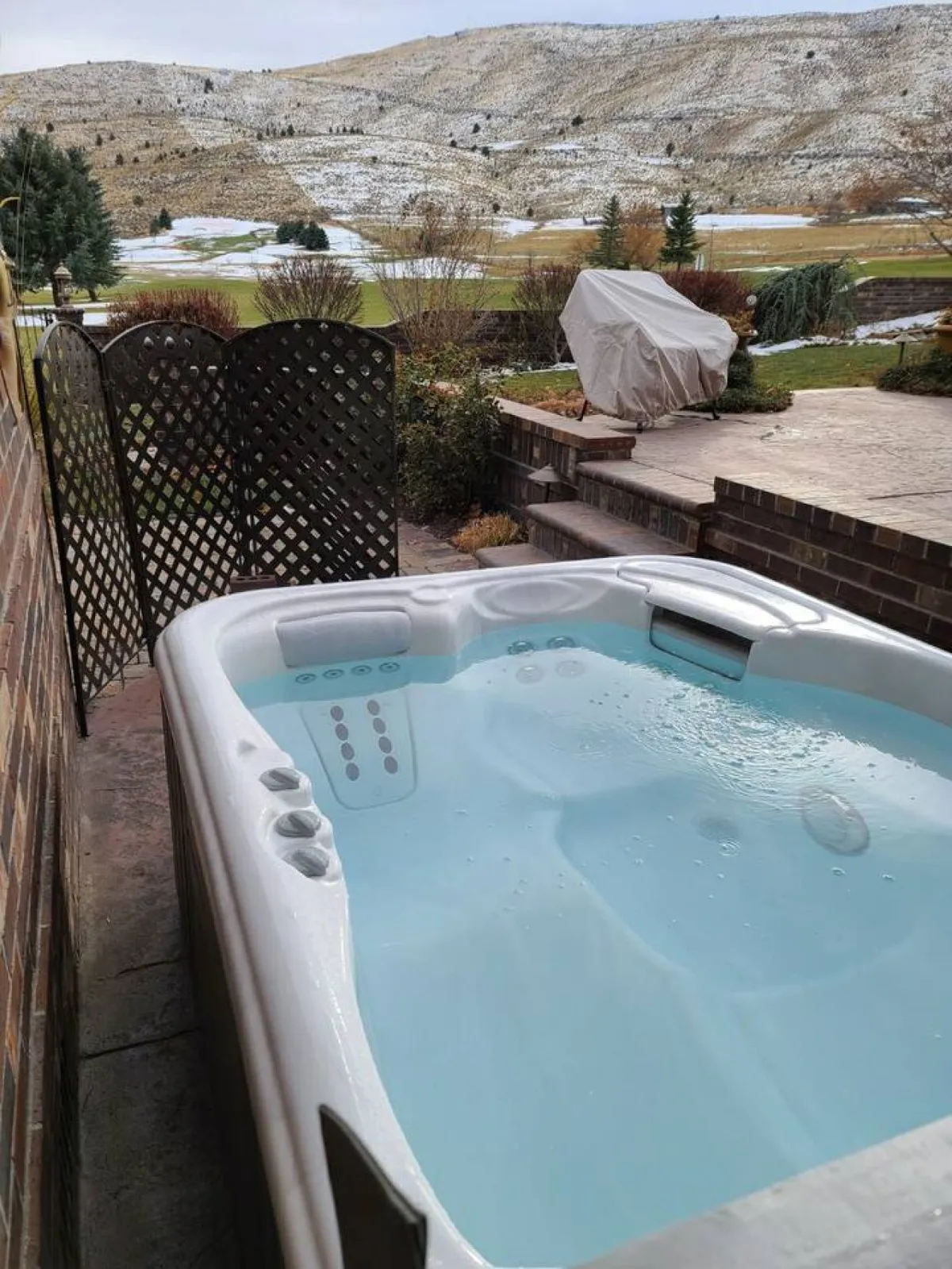 A serene hot tub sits outdoors, surrounded by a natural landscape and partially enclosed with a lattice screen, offering privacy and a view of the environment. The setting evokes relaxation and the pleasures of unwinding in a secluded spa-like retreat at home.